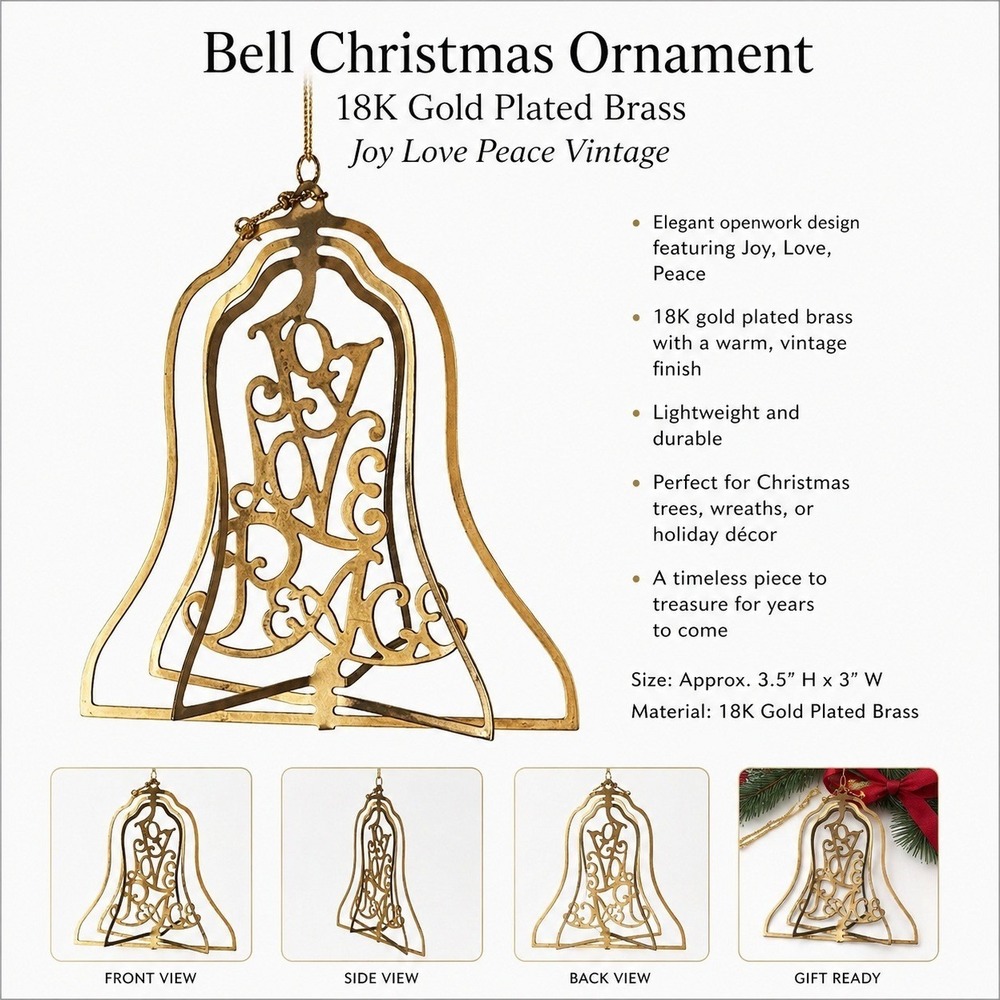 Bell Christmas Ornament 18k Gold Plated Brass Joy Love Peace Vintage